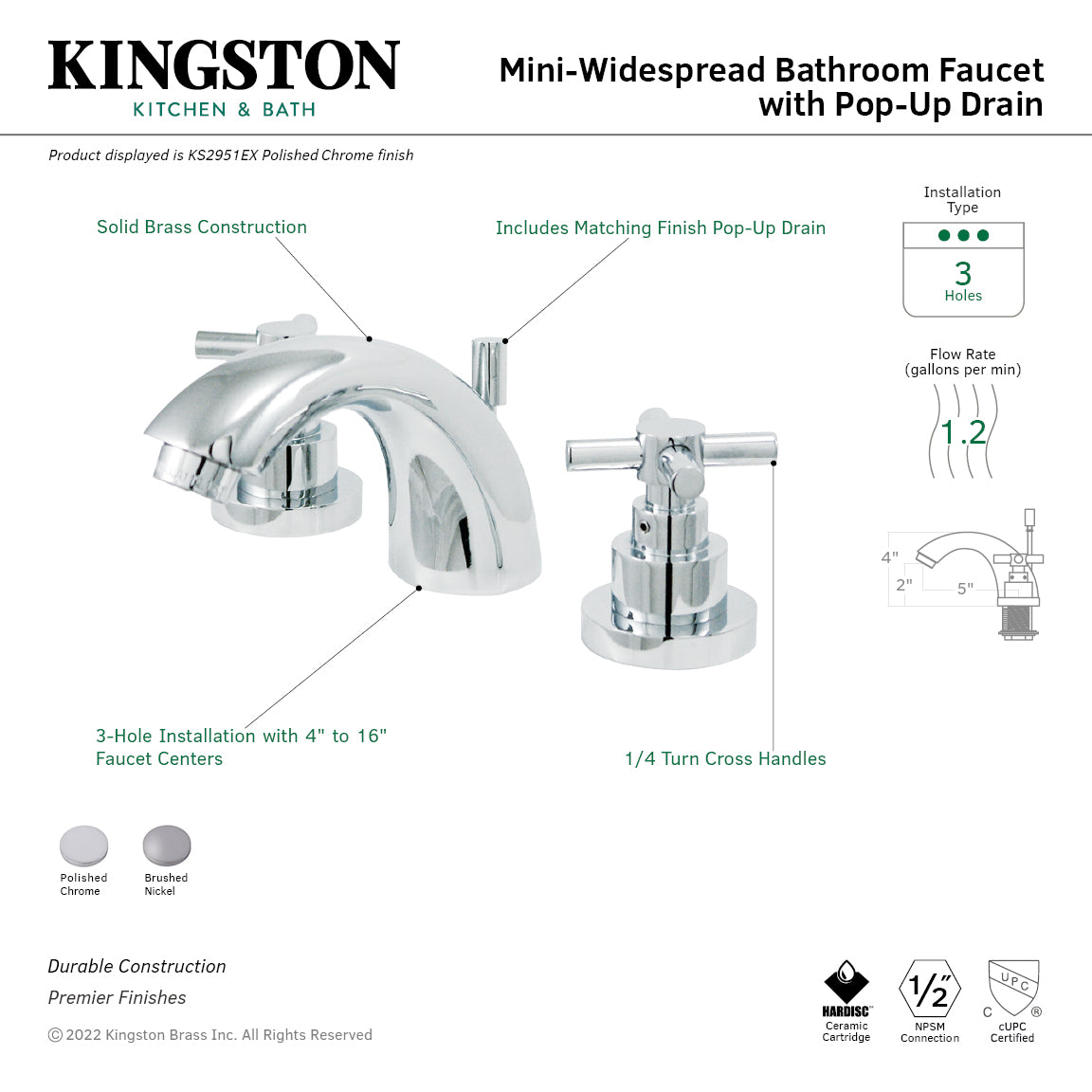 Kingston Tulare KS2958EXTwo-Handle 3-Hole Deck Mount Mini-Widespread Bathroom Faucet with Brass Pop-Up, Brushed Nickel — thumbnail 2